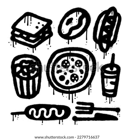 Fast food elements set in y2k urban graffiti style. Black air sprayed graphic collection. Snack , Junk food - hot dog, pizza, donut, popcorn, soda, sandwich. Vector textured illustration