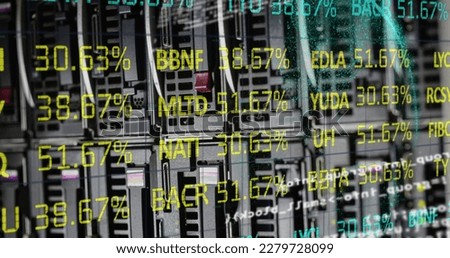 Image of data processing and stock market over server room. global business, finances, connections and digital interface concept digitally generated image.