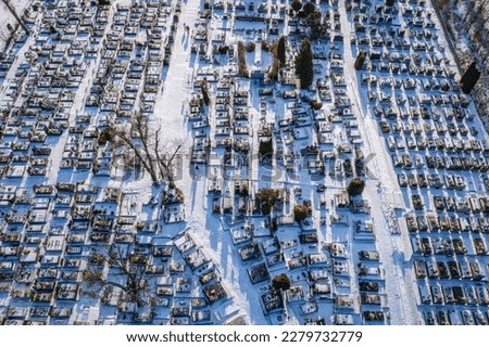 Aerial drone photo of a cemetery in Rogow village, Lodz Province of Poland