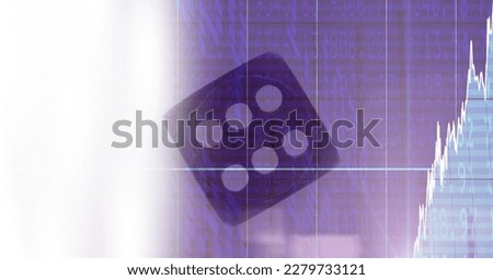 Financial data and graphs over dice against purple background, finance and economy concept. digitally generated image.