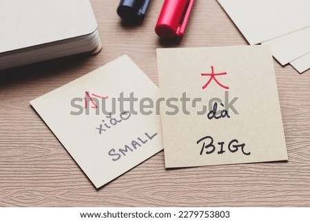 Chinese characters Da and Xiao meaning big and small in English respectively on flash cards for learning. Translation, Mandarin learning concept, selective focus.