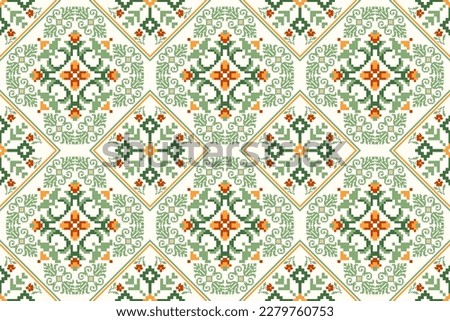 Floral Cross Stitch Embroidery on white background.geometric ethnic oriental seamless pattern traditional.Aztec style abstract vector illustration.design for texture,fabric,clothing,wrapping,carpet. Royalty-Free Stock Photo #2279760753