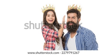 Royal family. Man golden crown and little girl kid. King and princess. Happy family white background. Bearded man proud of his daughter. Play game with daughter. Fatherhood concept. Fun with daughter