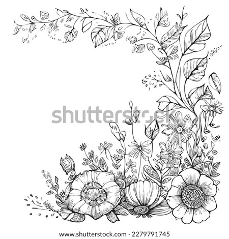 Frame of flowers in boho style sketch hand drawn illustration