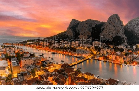 Landscape with Omis town and  Cetina river at night, Croatia Royalty-Free Stock Photo #2279792277