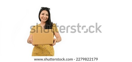 Portrait of smiling woman with parcel cardboard box isolated white background with copy space. Shipping service concept