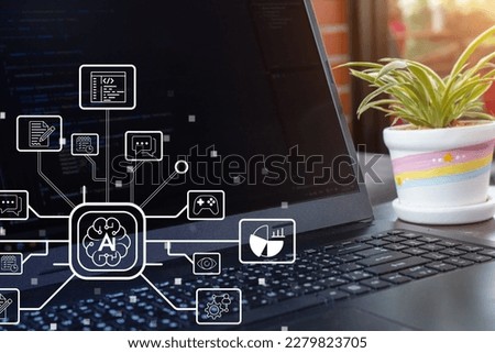A person is sitting in a cafe, typing lines of code on their laptop. In the background, there is a subtle AI-related element, hinting at the presence of intelligent technologies.