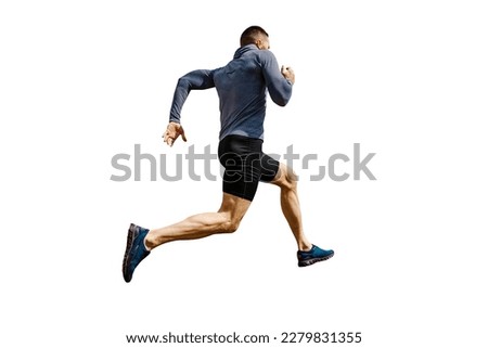back male athlete runner running on white background, summer outdoors, sports photo