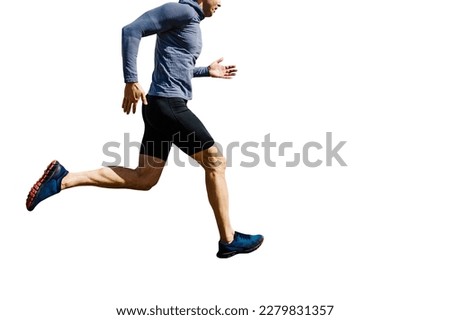 man runner running on blue long sleeve shirt and black tights isolated on white background, sports photo