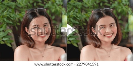 Example of Beauty AI filter application. A photo of a woman with pimples and slight wrinkles removed, nose reduction, and some makeup applied. Royalty-Free Stock Photo #2279841591