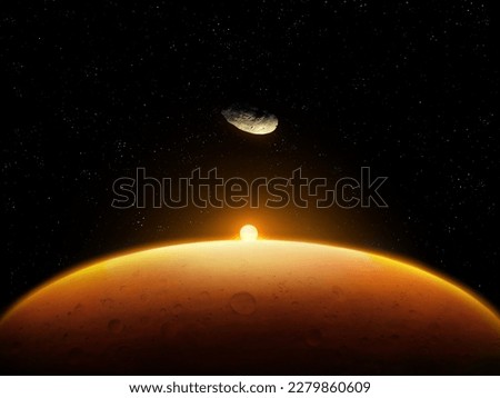 Mars' moon Phobos in space above the surface. Landscape of the red planet, view from space. Asteroid planetary satellite. Royalty-Free Stock Photo #2279860609