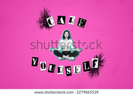 Modern conceptual collage pic young girl care yourself herself practicing yoga keep inner mind balance healthy way of life