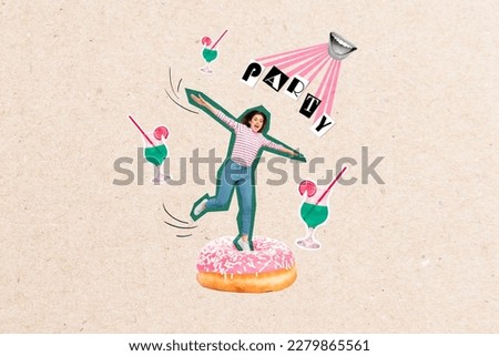 Creative surreal picture image collage of carefree young lady enjoy friday party drink tasty alcohol cocktail eating tasty cookies