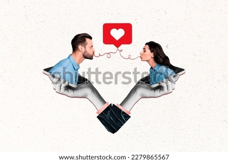 Poster banner collage of two people bloggers find true love online website dating application kiss press like heart button click