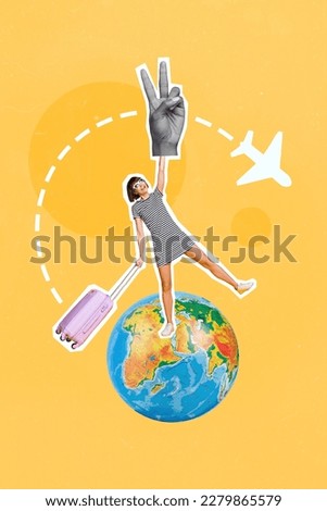 Funky excited traveler lady standing on earth globe hold valise bag show v sign gesture celebrating world travel day conceptual collage