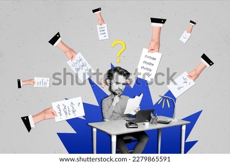 Creative magazine template collage of talented worker busy workload solving difficult question start up challenge Royalty-Free Stock Photo #2279865591
