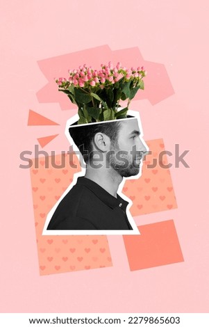 Creative trend collage of profile side face young handsome man with head flowers present for 8 march 14 february party