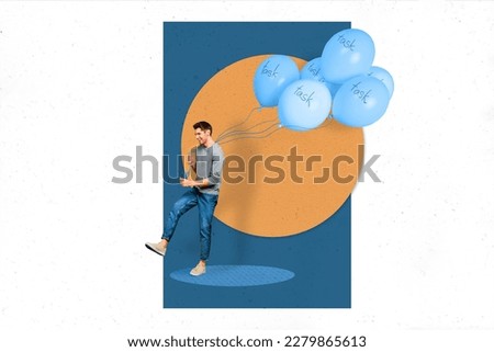 Trendy collage of worker guy hold carry many air balloons with TASK words printed go office corporate party colleagues rest