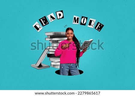 Creative magazine image collage of young lady student hold paper stack textbook advertise reading more