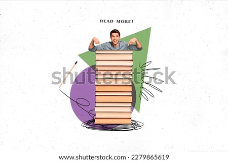 Funny student guy recommending read more stand near huge big book stack pile read buy sell advert bookstore collage picture