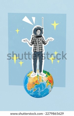 Creative poster banner template collage of confused astronaut man shrug shoulders land on earth planet feel lost