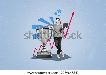 Photo collage of young businessman best manager worker of month year hold laptop lean on big huge golden cup Royalty-Free Stock Photo #2279865643