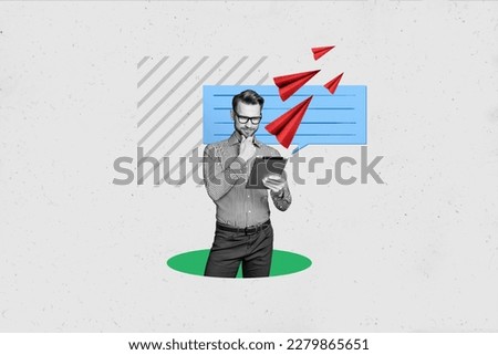 Creative banner poster collage of successful manager guy have chat with partners interaction sending email messages