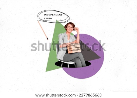 Educational template collage of high school girl student hold pile stack book advertise independent self study
