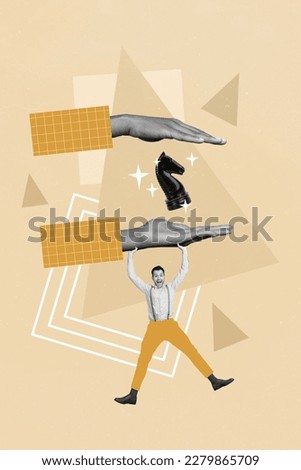 Poster banner creative collage of funky young business man enjoy chess game winning with horse piece