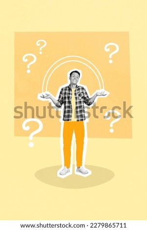 Magazine template collage of funny young man have many questions marks and no answers shrugging hands on yellow background