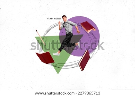 Photo collage of funny guy jumping into book read more concept addicted fond of reading background various geometric figures