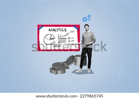 Young businessman analyst conceptual collage showing white board presentation trading view development investments income