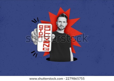 Creative protest template collage of serious young guy hols touch screen advertise stop bullying web social media hate harassment Royalty-Free Stock Photo #2279865755