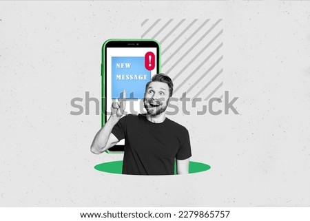 Poster banner collage of influencer young guy hear ring notification on smart gadget display new message from facebook tik tok messenger