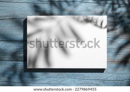 Canvas mockup, white blank picture hanging on blue wooden wall with dark shadows of palm leaves. Poster mock up, empty canvas with shadows of plant, front view