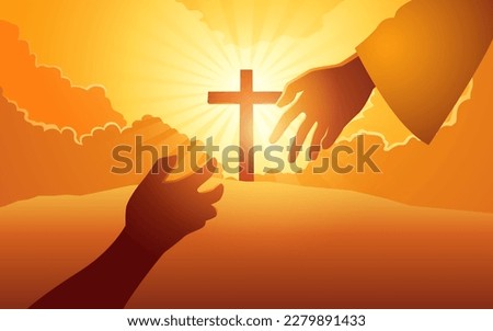 Biblical vector illustration series of God’s hand reaching out for human hand with cross on hill as the background. Hope, help, God mercy concept Royalty-Free Stock Photo #2279891433
