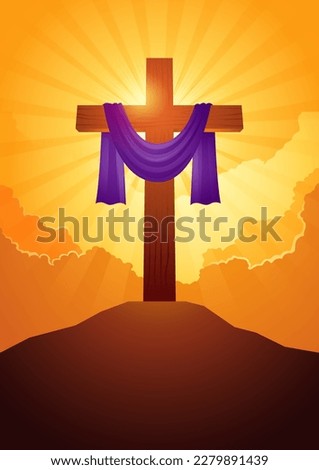 Biblical vector illustration series, wooden cross with purple sash on clouds background, for good friday, resurrection, easter, christianity theme