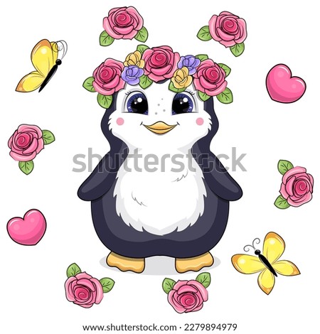A cute cartoon penguin with a flower wreath stands in a rose frame. Spring animal vector illustration with flowers, butterflies and heart on a white background.