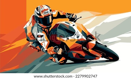 Moto gp vector art. Man on a motorbike at high speed leaning in the curve. Racing sport. Motogp championship. Silhouette on road on a moto competing for championship. Circuit track Background poster