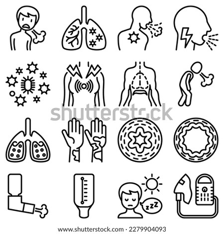 Asthma thin line icons set: allergen, dyspnea, cough, wheezing, chest pain, diaphragm, asthma attack, hives, sputum, peak flow meter, inhaler, nebulizer. Modern vector illustration. Royalty-Free Stock Photo #2279904093