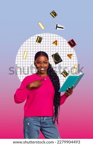 Composite creative photo collage of young student girl direct finger copybook writing her notes information letters isolated on gradient background