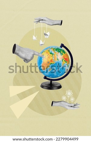 Creative banner poster collage of earth globe human hand pointing africa country direct travel trip for paper dove