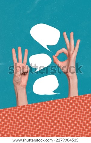 Artwork magazine collage picture of arms showing okey three fingers chatting emtpy space isolated drawing background Royalty-Free Stock Photo #2279904535
