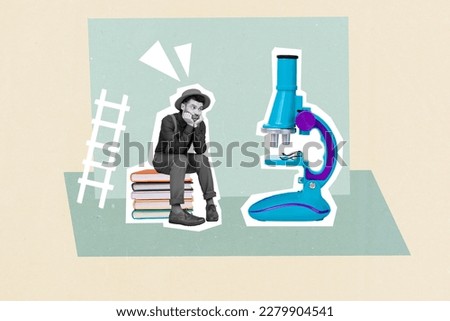 Picture template collage of upset gentleman guy sitting book learning discovering microscope science project