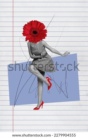 Creative retro 3d magazine collage image of funny funky lady having fun flower instead of head isolated painting background