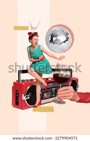 Photo collage artwork minimal picture of smiling cool pin up lady enjoying party boom box music isolated drawing background