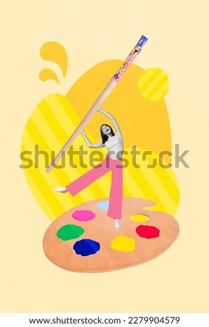 Magazine creative collage of funny funky young lady holding paint brush bright color drawing picture portrait