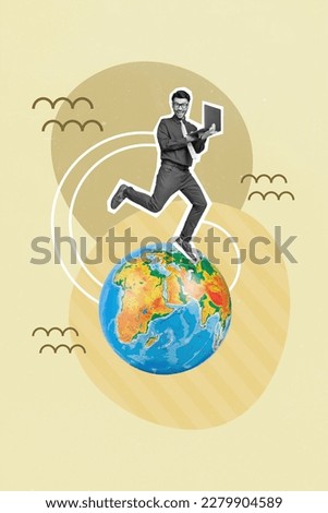 Pop magazine template poster collage artwork young successful businessman professional run on big globe world have business trip