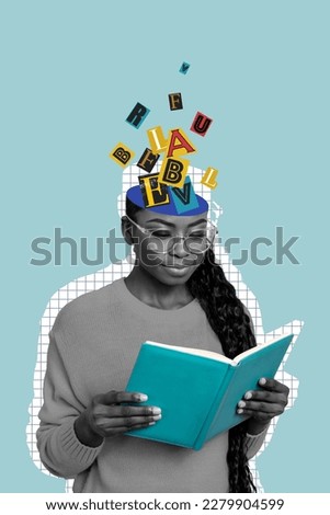 Photo collage of young intelligent academic bookworm girl diary reading encyclopedia brainstorming letters inside head isolated on cyan background