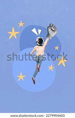 Cosmic magazine template collage of motivated person spaceman flying up outer universe through stars with fist